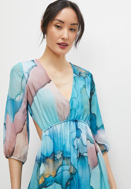MILLA - Cut out back detail circle midi dress - blue tie dye watercolour