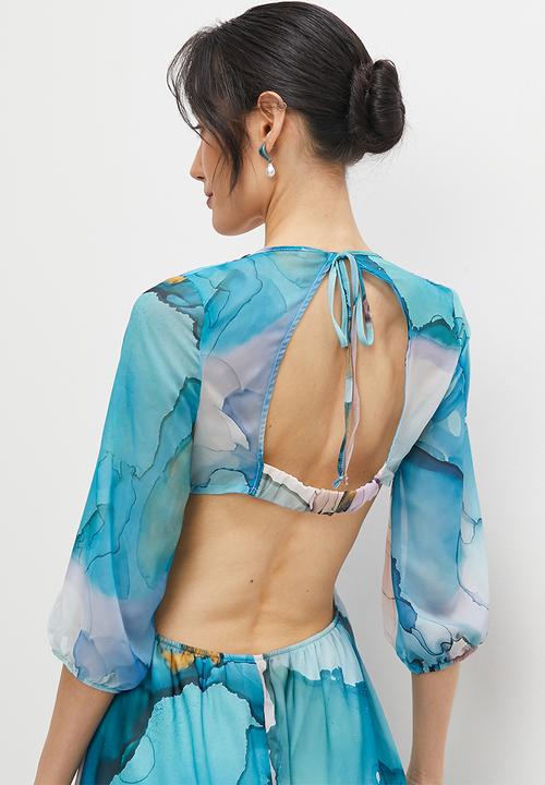 MILLA - Cut out back detail circle midi dress - blue tie dye watercolour