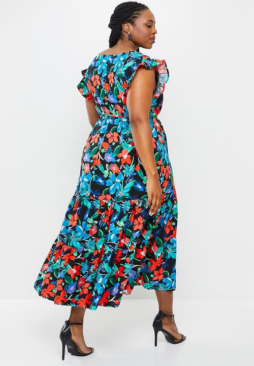 AMANDA LAIRD CHERRY - Plus cubhu dress -  black, red, blue & green floral