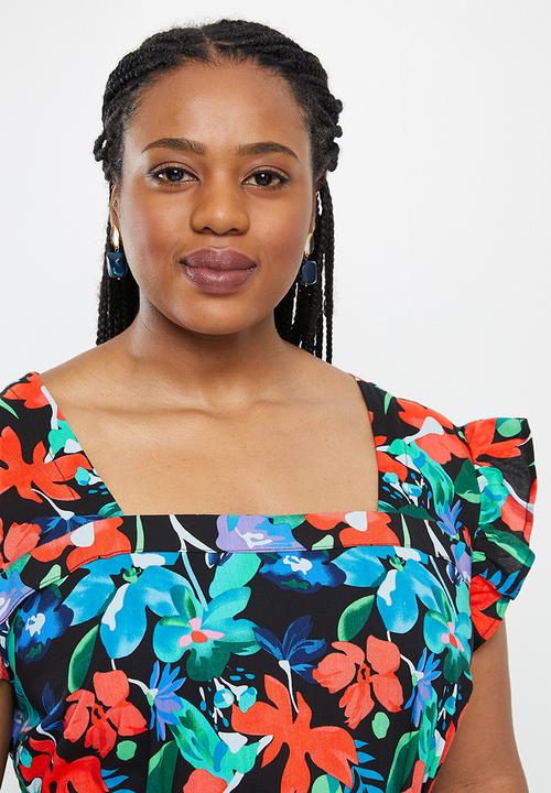 AMANDA LAIRD CHERRY - Plus cubhu dress -  black, red, blue & green floral
