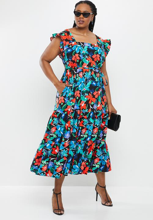 AMANDA LAIRD CHERRY - Plus cubhu dress -  black, red, blue & green floral