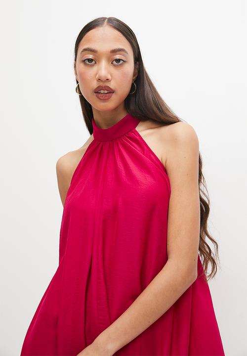 VELVET - Satin halter mini trapeze - red