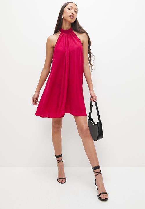 VELVET - Satin halter mini trapeze - red