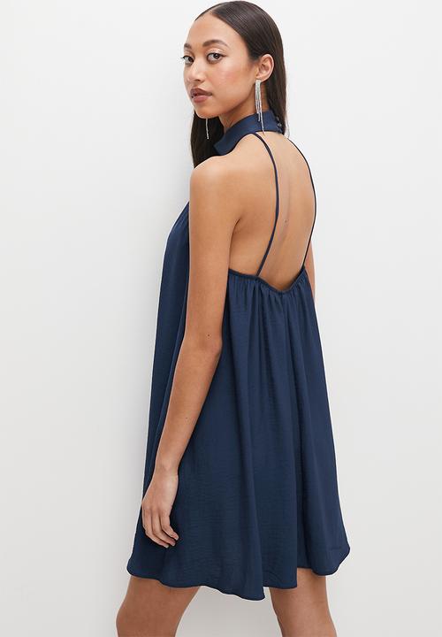 VELVET - Satin halter mini trapeze - navy