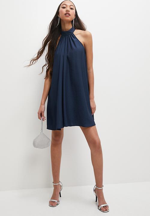 VELVET - Satin halter mini trapeze - navy