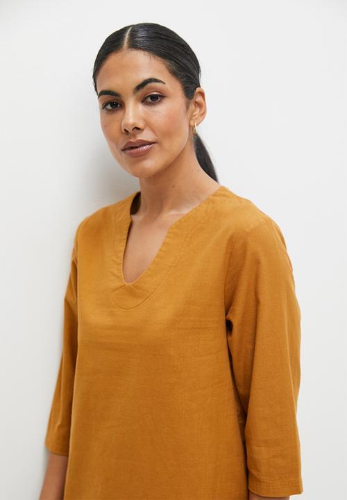 edit - Notch neck cotton tunic - tobacco