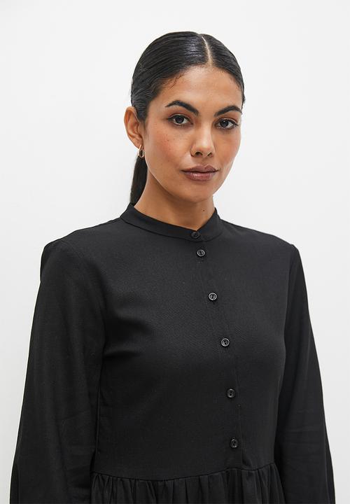 edit - Linen mandarin collar tiered dress - black