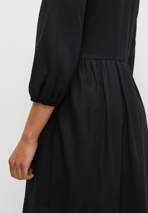 edit - Linen mandarin collar tiered dress - black