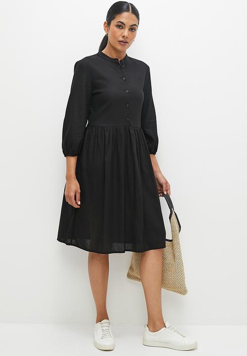edit - Linen mandarin collar tiered dress - black