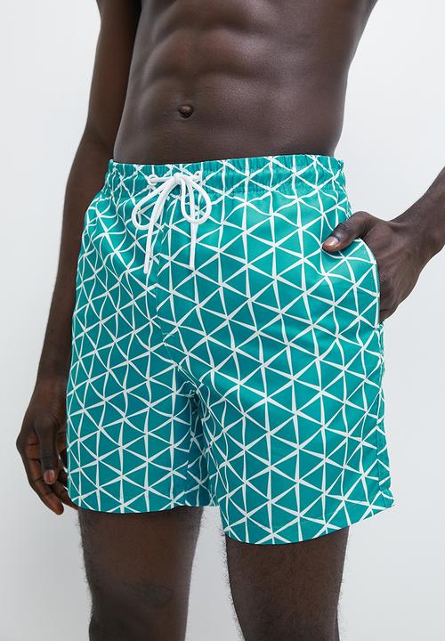 Superbalist - Geo print swim short - teal & white 