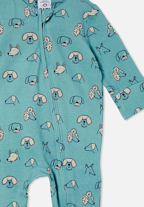 Cotton On - The long sleeve zip romper - rusty aqua/tiny wiggy pups