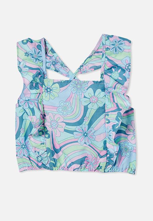Cotton On - Maggie frill top - washed spearmint & sky haze hendricks floral