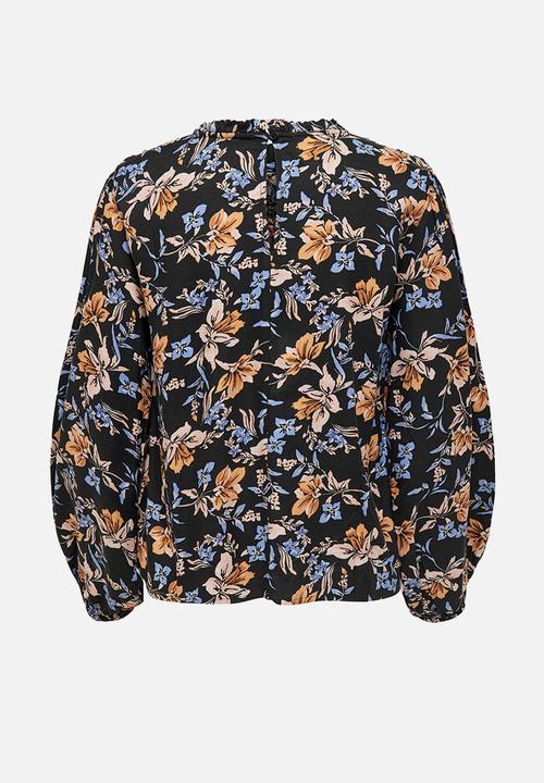 ONLY - Alma life vis long sleeve frill top - black floral