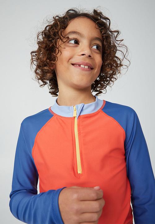 Cotton On - Flynn long sleeve zip thru rash vest - orange & blue 