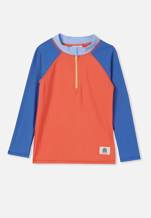 Cotton On - Flynn long sleeve zip thru rash vest - orange & blue 