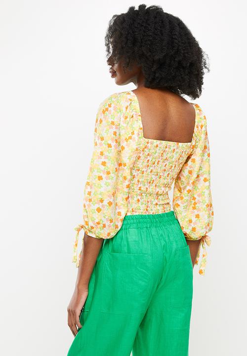 Me&B - Shirring bodice top with tie detail top  - multi 