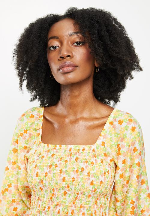 Me&B - Shirring bodice top with tie detail top  - multi 