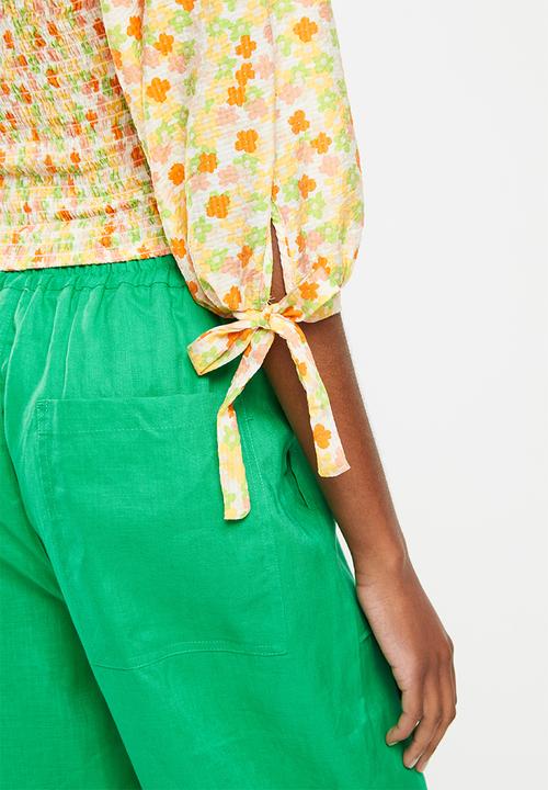 Me&B - Shirring bodice top with tie detail top  - multi 