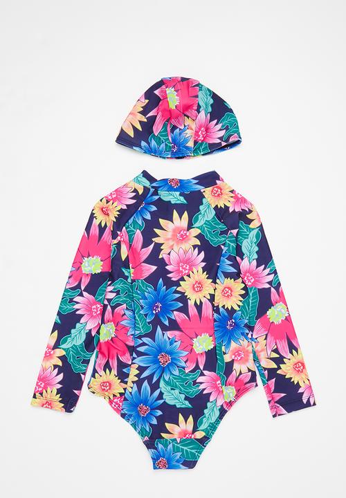 Pop Candy - Girls flower printed swimsuit & hat set - multi