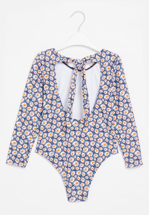 Rebel Republic - Girls open back sunflower swimsuit - blue