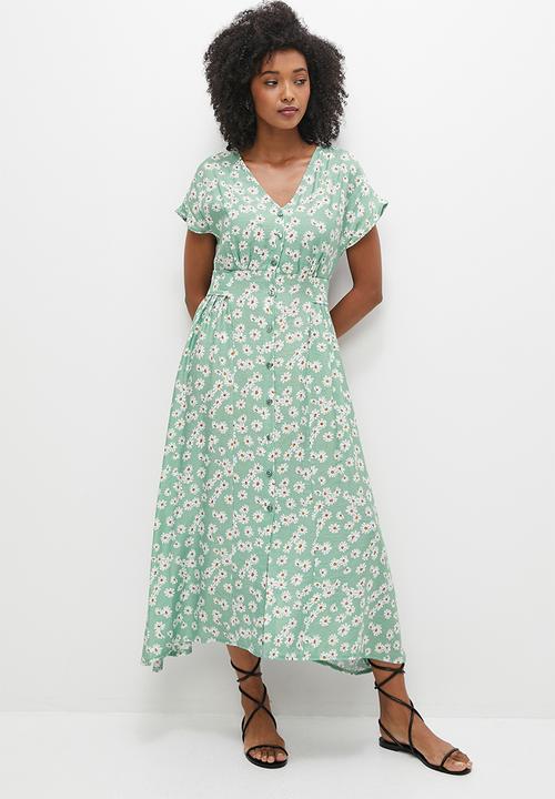 MILLA - Grown on sleeve button down midi dress - sage and white daisy