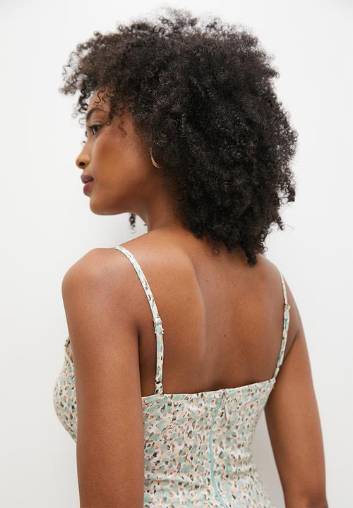 MILLA - Strappy midi dress with frill hem - green layered spot
