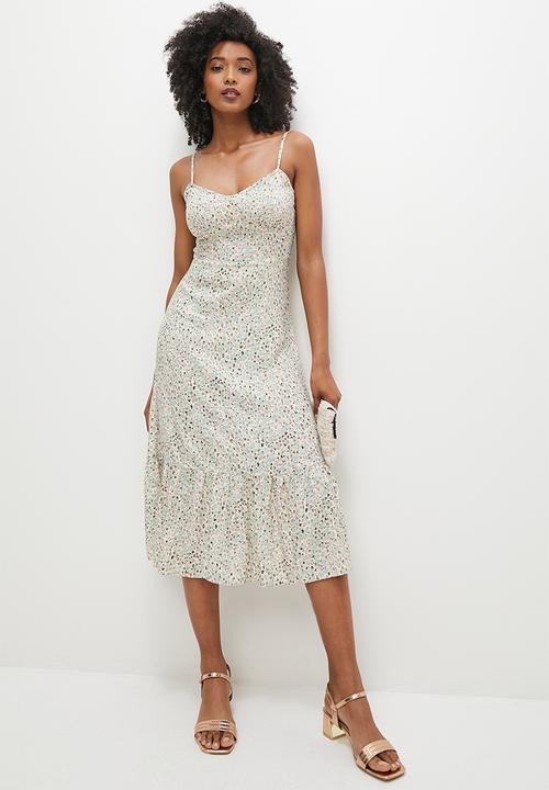 MILLA - Strappy midi dress with frill hem - green layered spot