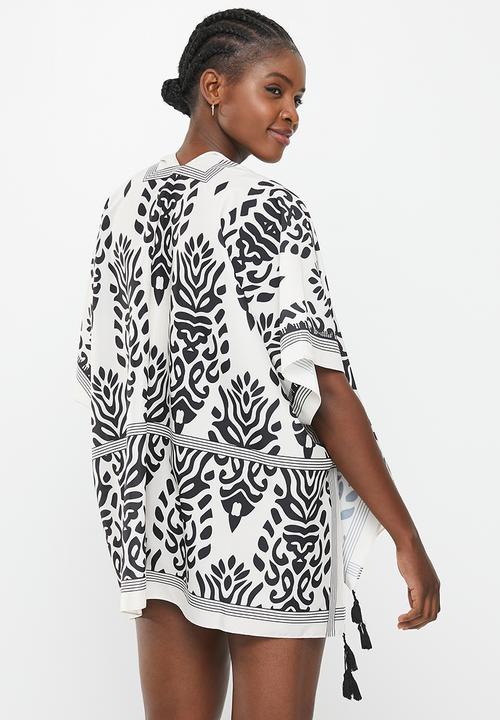 dailyfriday - V-neck fringe beach cover up - black & Beige 