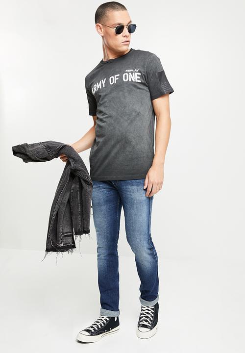 Replay - Garment dyed cotton jersey slogan - black