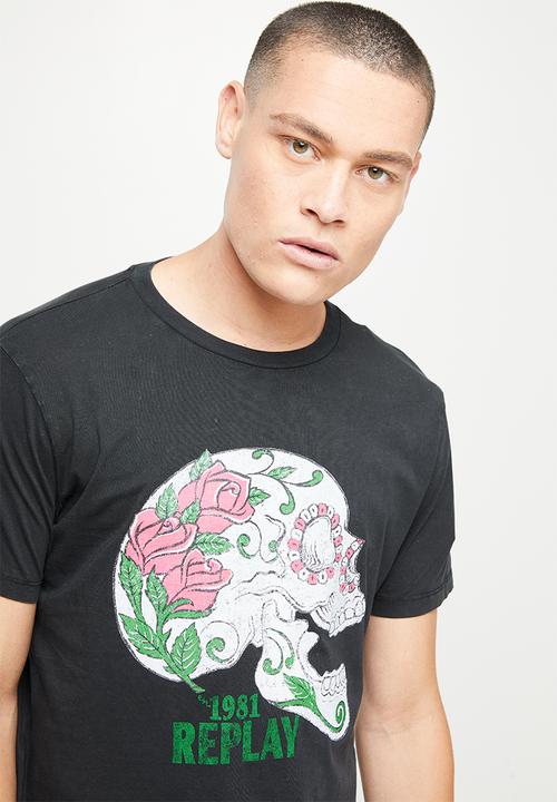 Replay - Skull and roses tee - black
