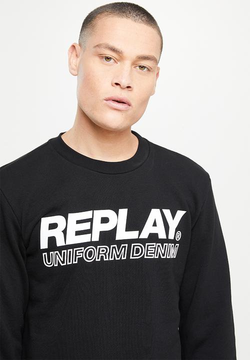 Replay - Cotton fleece chest print crew - black