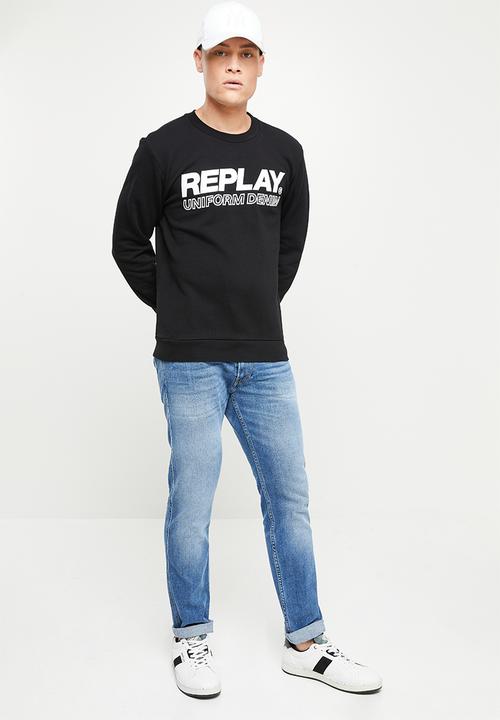 Replay - Cotton fleece chest print crew - black