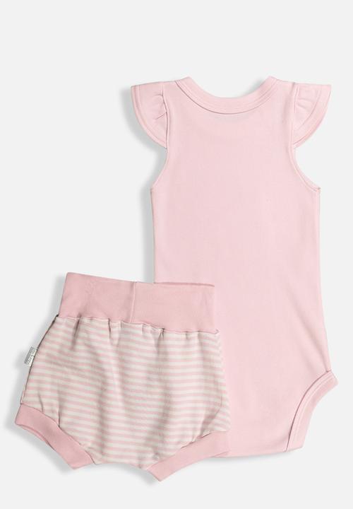 Little Lumps - Frilled sleeve onesie & shorts - pink stripe