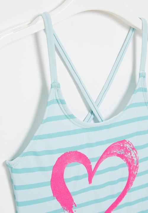 Pop Candy - Girls stripe heart swimsuit - blue
