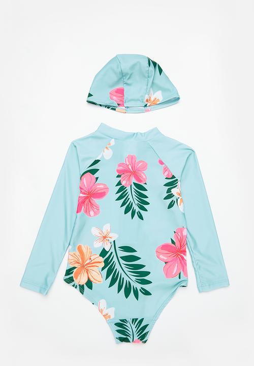 Pop Candy - Girls hibiscus swimsuit & hat set - blue