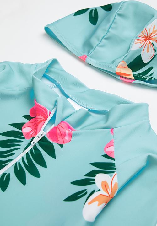 Pop Candy - Girls hibiscus swimsuit & hat set - blue