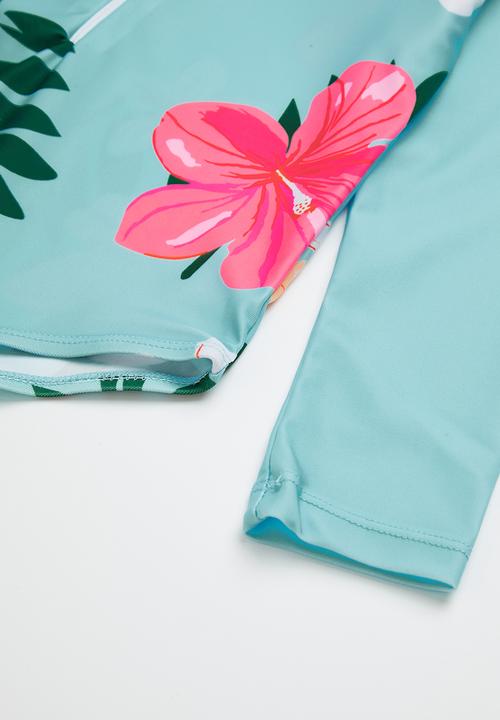 Pop Candy - Girls hibiscus swimsuit & hat set - blue