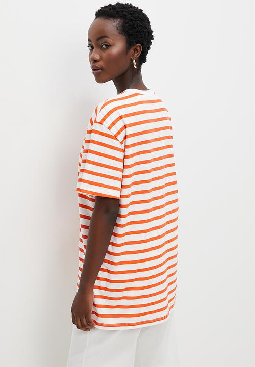 Superbalist - Basic crew easy fit stripe - orange & ecru stripe