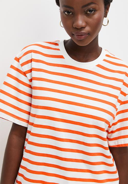 Superbalist - Basic crew easy fit stripe - orange & ecru stripe