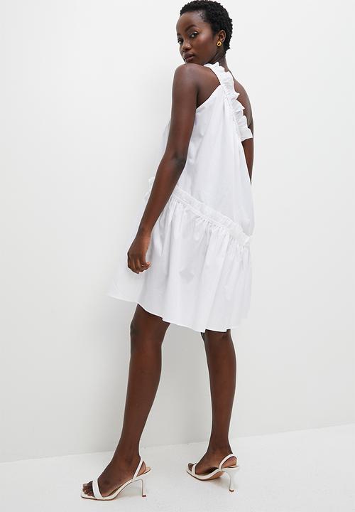 VELVET - Asymmetric ruffle detail mini trapeze dress - white
