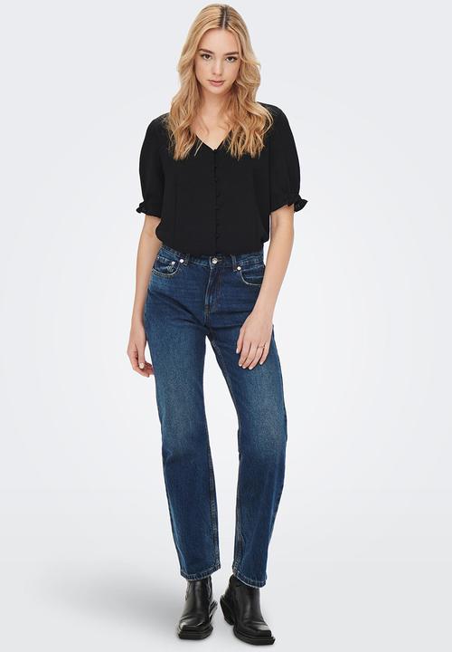 ONLY - Mette short sleeve button top - black