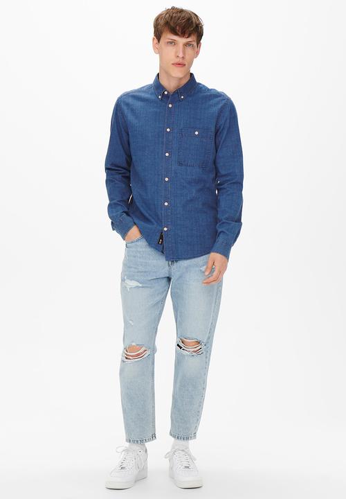 Only & Sons - Onstobin long sleeve reg chambray shirt - mid blue