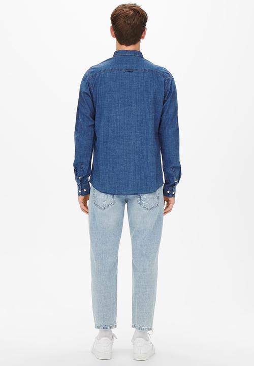 Only & Sons - Onstobin long sleeve reg chambray shirt - mid blue