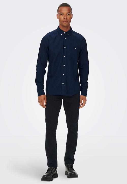 Only & Sons - Onstobin long sleeve reg chambray shirt - navy