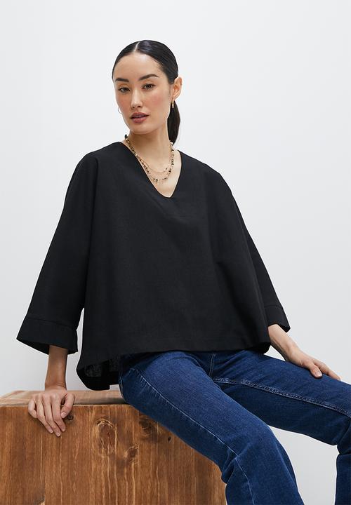 edit - Linen wide sleeve shell - black