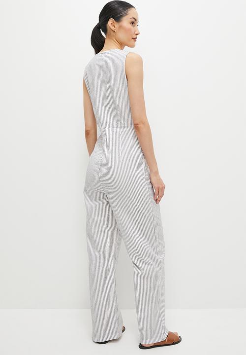 edit - V-neck button down jumpsuit - brown & white stripe