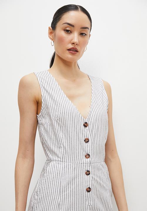 edit - V-neck button down jumpsuit - brown & white stripe