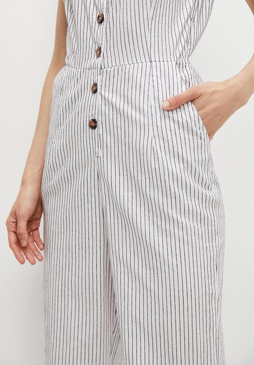 edit - V-neck button down jumpsuit - brown & white stripe