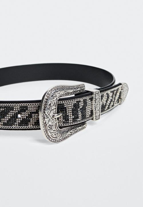 MANGO - Strass buckle belt - black
