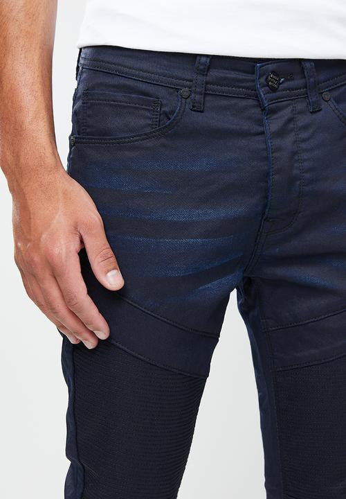 Cutty - Mens skinny fit coated biker denim jean - blue black